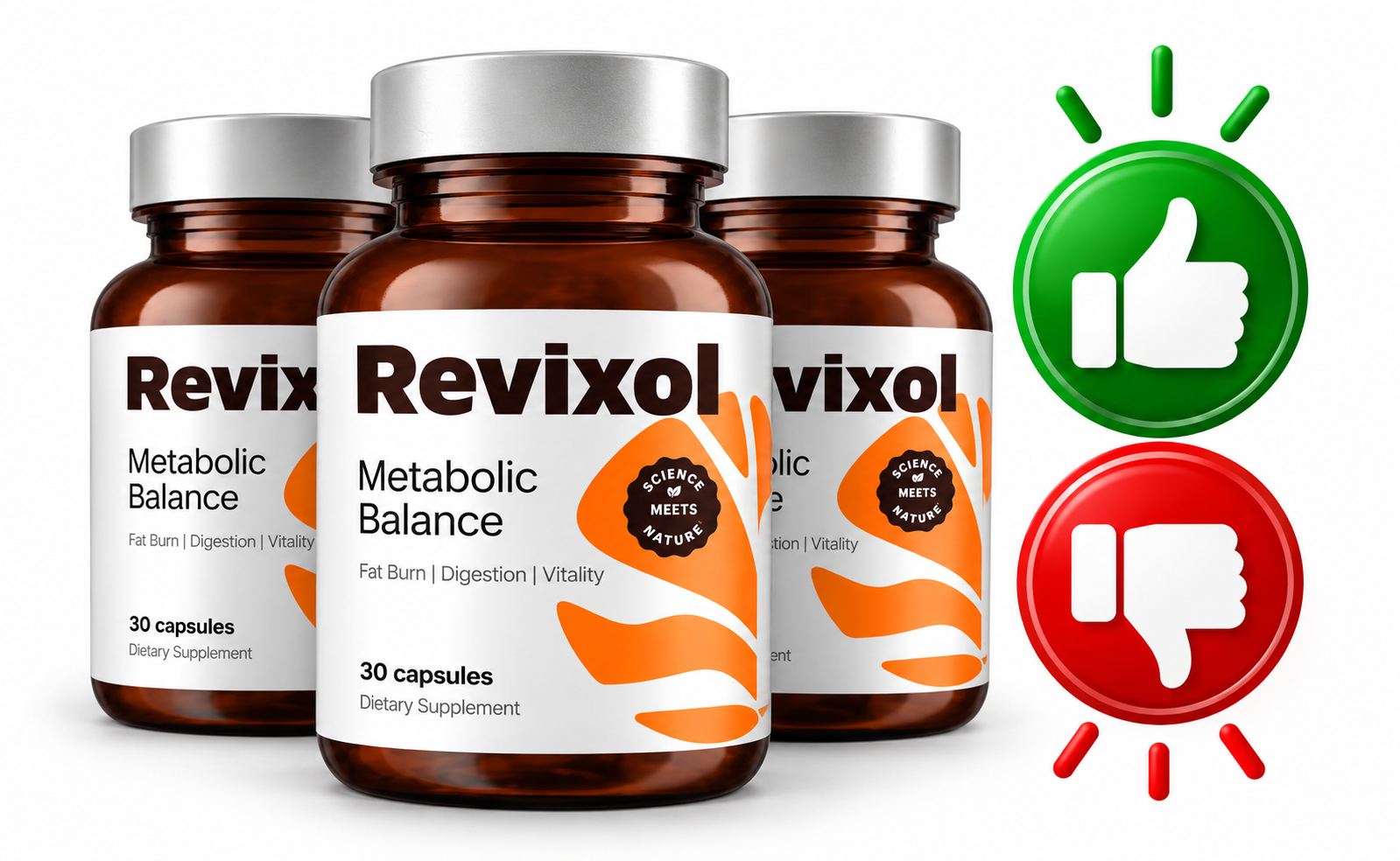 Revixol bottles with pros and cons symbols